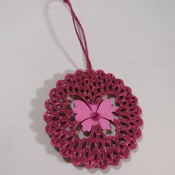 Deep Pink Round Butterfly Laser Cut Wooden Ornament (Double Sided) - Picture 3 of 7